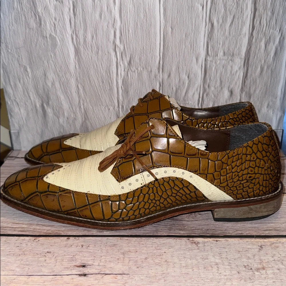 Stacy Adams Trazino Mustard Multi Crocodile-Lizard Print Leather Wingtip Oxford